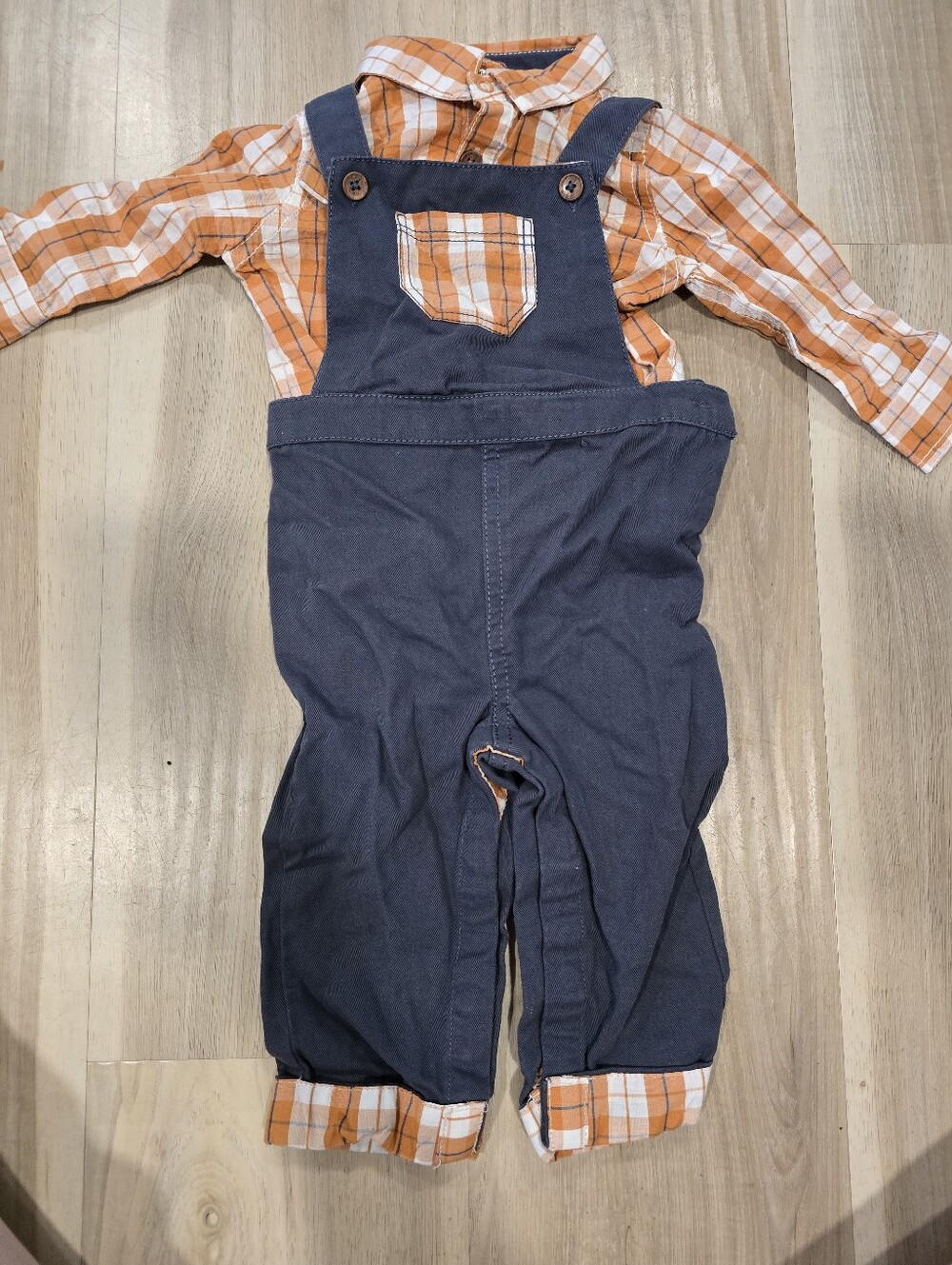 Tommy Bahama Toddler Navy Overalls with Orange Plaid Shirt
